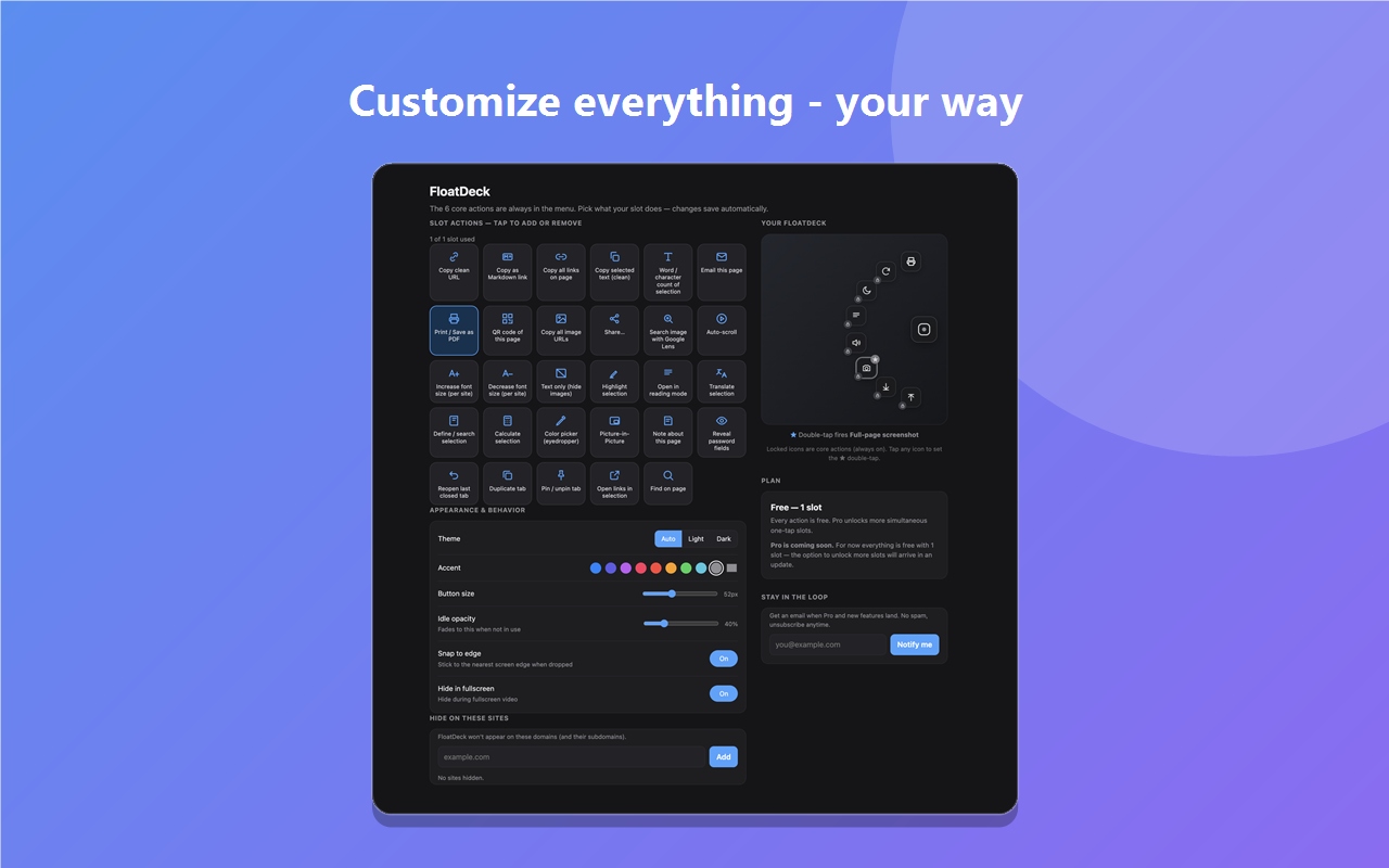 FloatDeck settings with live preview
