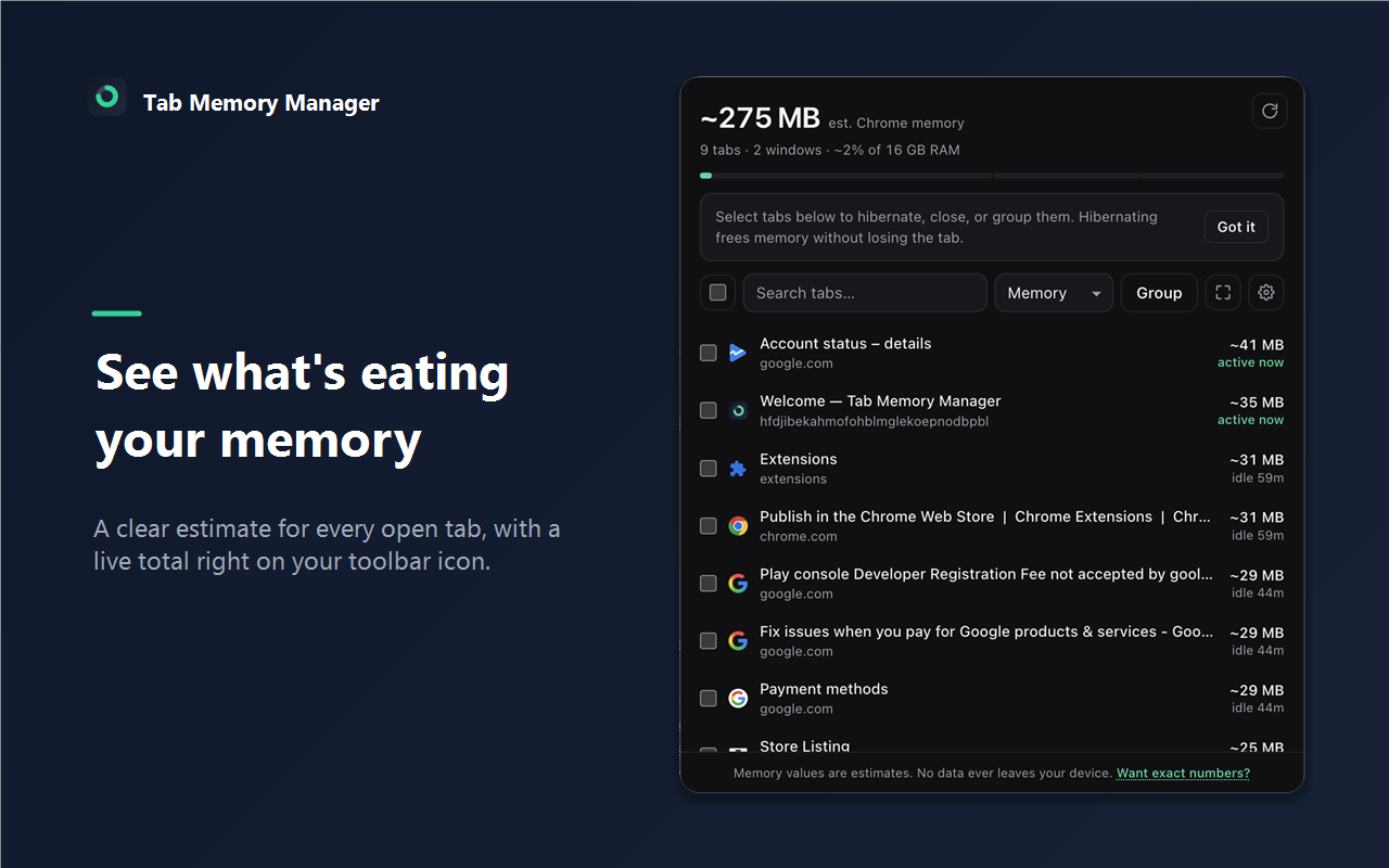 Tab Memory Manager popup showing memory per tab
